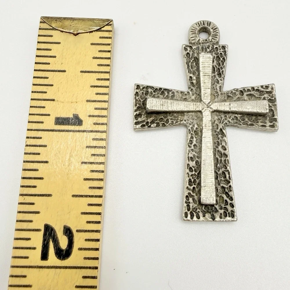 Vintage Medal Cross Pendant Silver Tone Metal for Necklace or Keychain